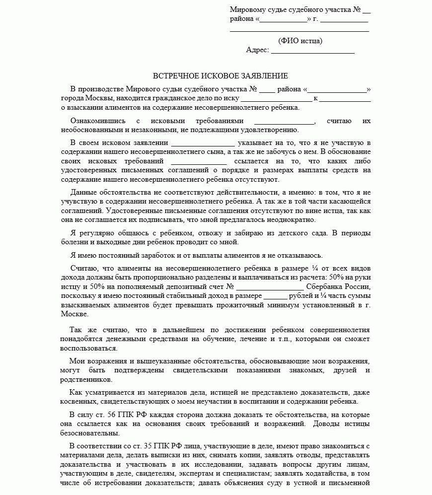 Образец исковое заявление на встречное исковое заявление