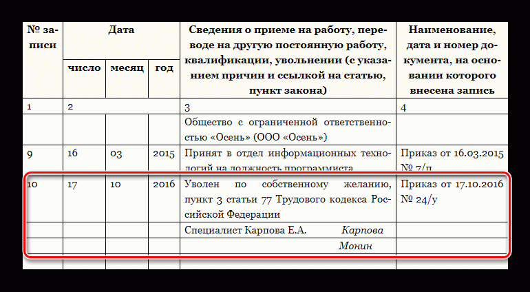 Трудовая книжка образец запись об увольнении по собственному желанию образец